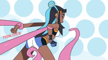 1girl animated animated_gif arm_held_back ass blue_eyeshadow breasts closed_eyes dark_skin eyeshadow grabbing_another&#039;s_arm grabbing_another&#039;s_wrist hair_bun highres long_hair makeup medium_breasts multicolored_hair nessa_(pokemon) nintendo phinalynsfw pokemon pokemon_swsh shorts sports_bra sportswear tentacles through_clothes