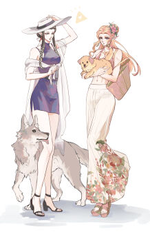 2girls alternate_universe animal bag bare_shoulders black_shoes blonde_hair blue_eyes breasts brown_bag brown_hair brown_shoes crop_top dog dress earrings floral_print flower full_body gold_earrings hair_bun hair_flower hair_ornament hair_ribbon hand_on_headwear hat highres holding holding_animal holding_dog jewelry kurokawa_karasu long_hair long_skirt medium_breasts midriff multiple_girls navel nintendo parted_bangs parted_lips pink_flower pink_shirt platform_sandals pointy_ears princess_zelda print_skirt purple_dress ribbon sandals shawl shirt shoes short_dress shoulder_bag side_slit sidelocks skirt strappy_heels sun_hat the_legend_of_zelda the_legend_of_zelda:_ocarina_of_time the_legend_of_zelda:_twilight_princess tongue tongue_out triforce white_background white_hat white_ribbon white_shawl wolf