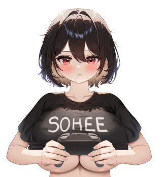 1girl absurdres arme_(cgsy7484) black_hair black_shirt blush breasts brown_hair closed_mouth collarbone colored_inner_hair commentary_request commission controller game_controller highres holding holding_controller holding_game_controller large_breasts lollipop_in_mouth multicolored_hair original red_eyes shirt short_hair short_sleeves simple_background solo t-shirt two-tone_hair underboob undersized_clothes white_background