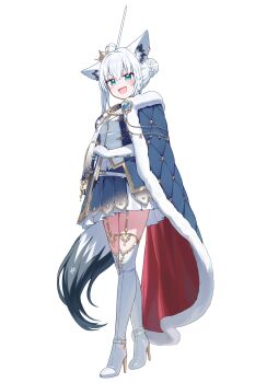 1girl absurdres animal_ears black_tail blue_eyes boots breasts deaver fox_ears fox_girl fox_tail gloves high_heel_boots high_heels highres holding holding_sword holding_weapon hololive long_hair looking_at_viewer medium_breasts shirakami_fubuki shirakami_fubuki_(fbkingdom) solo sword tail thigh_boots thighs two-tone_tail virtual_youtuber weapon white_boots white_gloves white_hair white_tail