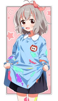 1girl :d absurdres antenna_hair black_skirt blue_shirt blush bow_hairband brown_eyes collared_shirt commentary_request cowboy_shot grey_hair hairband highres idolmaster idolmaster_cinderella_girls kindergarten_uniform long_shirt long_sleeves looking_at_viewer mole mole_under_eye multi-source_commentary name_tag narumiya_yume open_mouth outside_border paint_on_clothes paint_splatter paint_splatter_on_face pink_hairband shirt shirt_hold short_hair skirt sleeves_past_wrists smile smock solo star_(symbol) star_symbol_background white_skirt yairo_ju