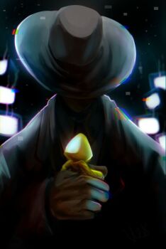 1boy 1girl captivity captured formal_clothes hat highres holding hood hood_up jacket little_nightmares little_nightmares_ii raincoat six_(little_nightmares) size_difference static suit television thin_man_(little_nightmares) top_hat vibecity7 yellow_jacket yellow_raincoat