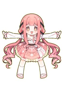 +_+ 1girl absurdres belt black_belt black_ribbon blunt_bangs bow bow_choker bowtie bra_strap brown_eyes buttons center_frills cherilynorz chibi chinese_commentary choker circle_skirt commentary_request eyelashes frilled_shirt frilled_skirt frilled_sleeves frills full_body hair_ribbon happy highres infinity_nikki kneehighs layered_skirt leaning_forward light_blush long_hair long_sidelocks long_sleeves low_twintails mary_janes medium_skirt nikki_(nikki) nikki_(series) off-shoulder_shirt off_shoulder open_mouth outline outstretched_arms perfect_start_(infinity_nikki) pink_bow pink_bowtie pink_choker pink_hair pink_shoes pink_skirt pleated_skirt print_skirt puffy_long_sleeves puffy_sleeves ribbon shirt shoes sidelocks simple_background single_stripe skirt sleeves_past_wrists smile snowflake_print snowflakes socks solo sparkling_eyes straight-on striped_bow striped_bowtie striped_choker striped_clothes tareme tress_ribbon twintails very_long_hair wavy_hair white_background white_shirt white_skirt white_socks yellow_outline