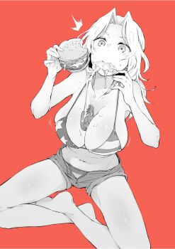 1girl ^^^ absurdres american_flag american_flag_bikini american_flag_print armpit_peek bare_shoulders bikini bikini_under_clothes blush bouncing_breasts breasts burger burger_malfunction cleavage eating flag_print flag_print_bikini food food_in_mouth food_on_body food_on_breasts girls_und_panzer hair_intakes highres indian_style kay_(girls_und_panzer) large_breasts limited_palette messy muteki_soda navel no_shirt open_fly open_pants orange_background pants print_bikini short_shorts shorts sitting stomach swimsuit tomato unzipped