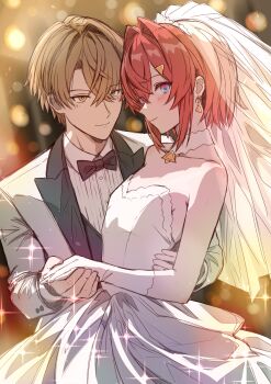 1boy 1girl alternate_costume ange_katrina armpit_crease bare_shoulders black_bow black_bowtie blonde_hair blue_eyes blush bow bowtie breasts bridal_veil bride bright_pupils closed_mouth collar collarbone collared_shirt colored_lapels commentary_request crossed_bangs detached_collar dress earrings gloves gradient_eyes groom hair_between_eyes hair_intakes hair_ornament hetero highres holding_hands jacket jewelry kagami_hayato lapels long_bangs long_sleeves mikan_mizu multicolored_eyes nijisanji peaked_lapels pleated_shirt purple_eyes red_hair shirt short_hair sketch small_breasts smile sparkle strapless strapless_dress suit_jacket triangle_earrings triangle_hair_ornament veil virtual_youtuber wedding_dress white_collar white_dress white_gloves white_jacket white_pupils white_shirt white_veil yellow_eyes