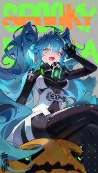 ahoge alternate_costume arm_up bianca_(black_survival) black_bodysuit black_survival blue_hair bodysuit breasts commentary cross cross-shaped_pupils cross_print crossed_legs ddollydonut english_commentary english_text eternal_return:_black_survival fang feet_out_of_frame fingernails green_nails green_pupils hair_between_eyes highres korean_commentary large_ribbon long_hair mask mask_around_neck mixed-language_commentary multicolored_bodysuit nail_polish open_mouth pumpkin red_eyes respirator sitting symbol-shaped_pupils two-tone_bodysuit very_long_hair white_bodysuit