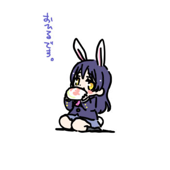 Rule 34 | 1girl, animal ears, blazer, blue hair, blue jacket, blue skirt, blush stickers, chibi, chibi only, eating, food, jacket, kemonomimi mode, long hair, looking at viewer, love live!, love live! school idol project, miniskirt, otonokizaka school uniform, rabbit ears, rabbit girl, rabbit tail, school uniform, seiza, shinanoya (satanicad), simple background, sitting, skirt, solo, sonoda umi, steamed bun, tail, translation request, white background, yellow eyes