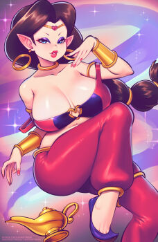 Rule 34 | 1girl, absurdres, bare shoulders, black hair, blue eyes, bracer, breasts, circlet, collarbone, commentary, cosplay, donkey kong (series), double strap slip, earrings, english commentary, eyeshadow, fingernails, floating earrings, gold bracer, harem pants, heart, heart o-ring, highres, hoop earrings, jewelry, large breasts, long fingernails, long hair, makeup, mario (series), mixed-language commentary, multi-tied hair, neck ring, nintendo, no socks, o-ring, oil lamp, pants, pauline (mario), plump, pointy shoes, purple eyeshadow, red nails, red pants, shantae, shantae (cosplay), shantae (series), shoes, solo, strap slip, supersatanson, very long hair