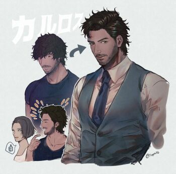 1boy 1girl artist_name beard_stubble black_hair black_shirt brown_hair carlos_oliveira collared_shirt facial_hair grey_background jill_valentine mappo_m2 multiple_views necktie resident_evil resident_evil_3:_nemesis resident_evil_3_(remake) shirt simple_background stubble vest white_shirt