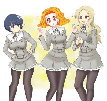 +_+ 3girls :d :o belt belt_buckle bishoujo_senshi_sailor_moon bishoujo_senshi_sailor_moon_s black_pantyhose blonde_hair blue_eyes blue_hair blunt_bangs blush bowl_cut breasts buckle buttons crossover double-breasted earrings flower frilled_skirt frills gessen_academy_school_uniform grey_belt grey_shirt grey_skirt hair_flower hair_ornament hairclip heart highres jewelry large_breasts long_hair long_sleeves looking_at_another mimete_(sailor_moon) mole mole_under_mouth multiple_girls open_mouth orange_eyes orange_hair pantyhose parted_bangs red_eyes ribbon school_uniform senran_kagura senran_kagura_shinovi_versus shiki_(senran_kagura) shirt short_hair skirt smile sparkle standing star-shaped_pupils star_(symbol) symbol-shaped_pupils tongue two-tone_background white_background witches_5 yellow_background yozakura_(senran_kagura) yui_(jisatsu)