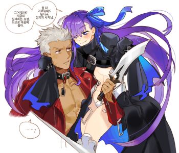 ... 1boy 1girl animal_collar archer_(fate) blue_eyes blush brown_eyes collar commentary_request cropped_jacket fate/extra fate/extra_ccc fate_(series) g0ringo grey_hair hair_ribbon holding holding_sword holding_weapon jacket korean_commentary korean_text long_hair meltryllis_(fate) midriff open_mouth pectorals purple_hair ribbon short_hair sleeves_past_fingers sleeves_past_wrists smile speech_bubble spoken_ellipsis sweatdrop sword translation_request weapon