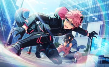 Rule 34 | 2boys, 3boys, animal ears, black gloves, black jacket, black pants, blue eyes, building, dino albani, game cg, gloves, half gloves, happy elements, helios rising heroes, highres, hood, hood down, hoodie, hug, jacket, long sleeves, male focus, multiple boys, non-web source, official art, on one knee, open clothes, open mouth, outdoors, pants, pink hair, shirt, short hair, tail, teeth