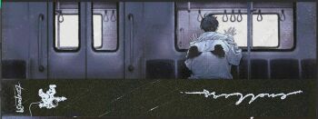 1boy against_window astronaut black_hair black_wings coat commentary feathered_wings from_behind kim_dokja male_focus mini_wings omniscient_reader&#039;s_viewpoint popped_collar short_hair solo standing symbol-only_commentary toupou39 train_interior upper_body white_coat wings