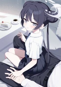 1boy 1girl belt black_pants black_skirt blush cake coffee commentary_request food halo highres holding_hands kisaki_(blue_archive) kisaki_(school_uniform)_(blue_archive) kujou_danbo light_smile looking_at_viewer necktie pants sensei_(blue_archive) sitting sitting_on_person skirt smile sweatdrop white_halo