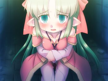 Rule 34 | 1girl, bare shoulders, blush, bow, breasts, clothed after sex, collarbone, cowboy shot, curtained hair, ear blush, elf, green eyes, green hair, hair bow, hands on own stomach, holding, holding towel, jewelry, juusha-chan to yaya zannen na yuusha no hanashi, juusha (juusha-chan to yaya zannen na yuusha no hanashi), large variant set, layered sleeves, long hair, long sleeves, looking at viewer, necklace, open mouth, panties, pigeon-toed, pink skirt, pointy ears, ponytail, pussy juice, raised inner eyebrows, red bow, short over long sleeves, short sleeves, shoulder blush, sidelocks, skirt, small breasts, solo, standing, sweat, third-party source, towel, underwear, variant set, wet, wet clothes, wet panties, white panties, yoshi (crossmind)