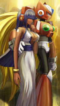1boy 1girl alternate_costume android arm_around_waist bare_arms blonde_hair blue_eyes bracelet breasts cleavage dark-skinned_female dark_skin dress hair_over_eyes headset helmet hime_cut jewelry joints large_breasts layer_(mega_man) long_hair mega_man_(series) mega_man_x_(series) ponytail purple_hair robot_ears robot_joints standing user_fuyz3388 very_long_hair zero_(mega_man)
