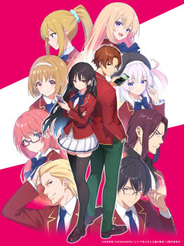 4boys 6+girls :d adjusting_eyewear advanced_nurturing_high_school_uniform aqua_scrunchie ayanokouji_kiyotaka black_hair black_hat black_shirt black_thighhighs blazer blonde_hair blue_bow blue_bowtie blue_eyes blue_necktie blunt_bangs bow bowtie brown_eyes brown_hair brown_shoes collared_shirt commentary_request copyright_notice crossed_arms frown glasses green_pants hair_between_eyes hairband hand_in_own_hair hand_on_eyewear hands_in_pockets hat highres holding holding_phone horikita_manabu horikita_suzune ichinose_honami_(youjitsu) jacket karuizawa_kei kushida_kikyou lapels long_hair looking_at_viewer medium_hair multiple_boys multiple_girls necktie notched_lapels official_art open_mouth pants phone pleated_skirt ponytail purple_eyes red_eyes red_hair red_jacket ribbon ryuuen_kakeru sakayanagi_arisu sakura_airi school_uniform scrunchie shirt shoes short_hair sidelocks simple_background skirt smile tareme thighhighs very_long_hair white_hair white_hairband white_ribbon white_shirt white_skirt youkoso_jitsuryoku_shijou_shugi_no_kyoushitsu_e