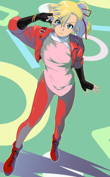 1girl black_gloves blonde_hair blue_eyes closed_mouth commentary_request elle_vianno fingerless_gloves full_body gloves gundam gundam_zz hair_ribbon highres jacket long_hair looking_at_viewer ponytail ribbon smile solo yoyokkun