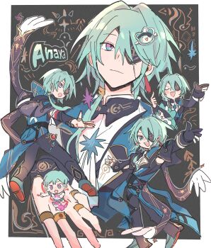 Rule 34 | 1boy, absurdres, aged down, anaxa (honkai: star rail), aqua hair, black jacket, black pants, blue eyes, blush stickers, border, chain, character name, chibi, closed eyes, commentary request, earrings, eyepatch, gem, hair between eyes, hair intakes, highres, honkai: star rail, honkai (series), jacket, jewelry, lapels, looking at viewer, male focus, mandarin collar, medium hair, multicolored eyes, multiple rings, multiple views, notched lapels, one eye covered, pants, pink eyes, red gemstone, ring, shirt, side ponytail, single earring, siokuran, smile, two-tone eyes, upper body, white border, white shirt