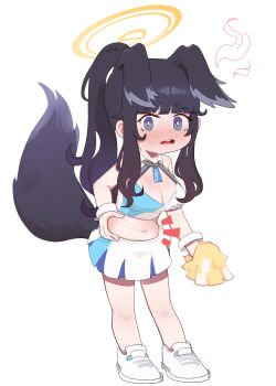 Rule 34 | 1girl, absurdres, animal ears, belly, belly grab, black hair, blue archive, blue eyes, blush, breasts, cheerleader, commentary request, dog ears, dog girl, dog tail, full body, goggles, goggles on head, halo, hibiki (blue archive), hibiki (cheer squad) (blue archive), highres, holding, holding pom poms, korean commentary, long hair, looking at viewer, lulubelleiii, millennium cheerleader outfit (blue archive), navel, official alternate costume, open mouth, pom pom (cheerleading), pom poms, shoes, simple background, skirt, solo, stomach, tail, white background, white shoes, yellow halo