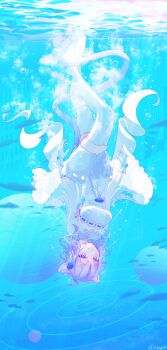 1girl :3 absurdres ahoge air_bubble alternate_costume animal_ears blue_flower blue_rose breasts bubble cape cat_ears cat_girl cat_tail closed_mouth commentary_request crossed_bangs diffraction_spikes dress flower freediving frilled_gloves frills full_body gloves hair_flower hair_ornament highres hololive looking_at_viewer medium_breasts medium_hair nekomata_okayu no_shoes pencil_dress purple_eyes purple_hair reflection revision rose see-through_cape short_dress skindentation smile solo strapless strapless_dress tail tebingo thick_thighs thighhighs thighs tight_clothes underwater upside-down virtual_youtuber white_cape white_dress white_gloves white_thighhighs zettai_ryouiki