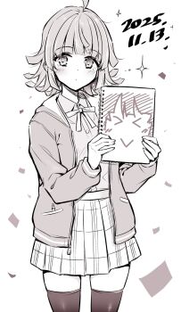 1girl black_thighhighs blackheart blush bow bowtie feet_out_of_frame highres holding jacket looking_at_viewer love_live! love_live!_nijigasaki_high_school_idol_club monochrome nijigasaki_school_uniform notebook school_uniform shirt short_hair simple_background skirt solo standing tennoji_rina thighhighs white_background