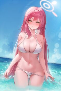 1girl alternate_costume bikini_pull blue_archive breasts clothes_pull collarbone halo hanako_(blue_archive) highres kudo_0802 large_breasts long_hair navel ocean pink_hair pink_halo smile solo sun undressing