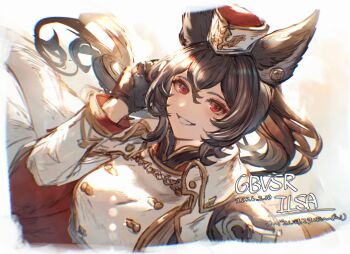 Rule 34 | 1girl, animal ears, black gloves, black hair, border, character name, commentary request, dated, erune, garrison cap, gloves, granblue fantasy, granblue fantasy versus: rising, hand in own hair, hat, hibana (hibana ztlv), highres, ilsa (granblue fantasy), jacket, jacket on shoulders, long hair, looking at viewer, red eyes, shirt, smile, solo, translation request, white border, white hat, white jacket, white shirt