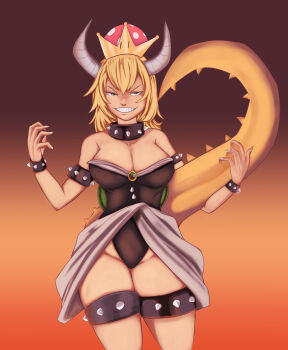 Rule 34 | 1girl, artistic madman, blonde hair, bowsette, breasts, highres, large breasts, long hair, mario (series), nintendo, smile