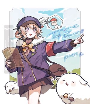 1girl absurdres animal black_skirt blonde_hair blue_jacket brown_bag commentary_request commission cowboy_shot hair_between_eyes hat highres holding holding_map jacket long_sleeves map miniskirt open_mouth original pointing purple_eyes sheep short_hair skeb_commission skirt smile solo speech_bubble spoken_object srt_rice_ball