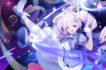 1girl :d absurdres ahoge arm_up blue_archive blush bow bowtie bubble chcc331899 chinese_commentary clenched_hand commentary_request dress dress_bow drill_hair eyes_visible_through_hair frilled_dress frills full_body gloves hair_ornament halo hand_up highres holding holding_wand legs_up long_hair looking_at_viewer magical_girl making-of_available multicolored_hair multicolored_pantyhose official_alternate_costume official_alternate_hairstyle open_mouth pantyhose pink_bow pink_hair puffy_short_sleeves puffy_sleeves purple_bow purple_bowtie purple_dress purple_eyes purple_hair purple_pantyhose purple_shoes reisa_(blue_archive) reisa_(magical)_(blue_archive) shoe_soles shoes short_sleeves sleeve_bow smile solo sparkle star_(symbol) star_hair_ornament star_halo striped_clothes striped_pantyhose tareme twin_drills twintails two-tone_hair two-tone_pantyhose v-shaped_eyebrows wand white_dress white_gloves white_pantyhose white_wrist_cuffs wing_hair_ornament wrist_cuffs