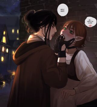 2girls absurdres black_choker black_gloves black_hair brown_hair brown_robe choker collarbone copyright_request english_text fangs gloves green_eyes hair_bun highres hood hood_down hooded_robe house long_sleeves multiple_girls night original outdoors pointy_ears red_lips robe short_hair single_hair_bun sleepymocha slit slit_pupils speech_bubble star_(sky) teeth vampire