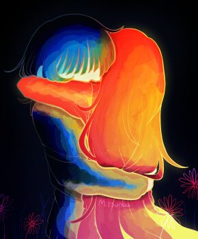 1boy 1girl black_background black_jacket blue_hair cardigan cardigan_vest commentary commentary_request english_commentary highres hug jacket long_hair long_sleeves medium_hair mitsunba mixed-language_commentary no_eyes red_hair red_shirt red_vest saihate_eki shirt sidelocks signature simple_background tatsunami_shion tenjiku_aoi upper_body vest