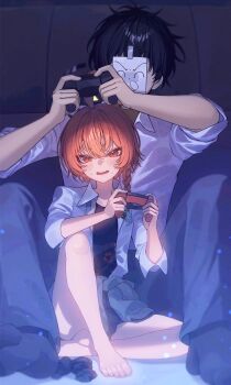 1boy 1girl absurdres barefoot black_hair black_jacket black_pants black_shirt black_skirt black_socks blue_archive blush braid clothes_around_waist collared_shirt controller doodle_sensei_(blue_archive) fang floral_print highres holding holding_controller jacket jacket_around_waist meplon neru_(blue_archive) neru_(school_uniform)_(blue_archive) open_mouth pants red_eyes red_hair sensei_(blue_archive) shirt short_hair single_braid skin_fang skirt socks sweat white_shirt