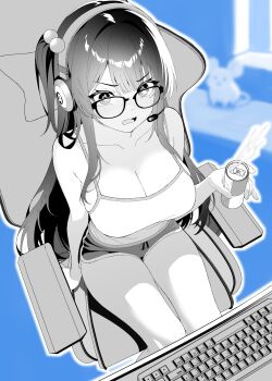1girl absurdres blue_background blurry blurry_background blush breasts camisole can chair cleavage commentary_request computer_keyboard dolphin_shorts energy_drink feet_out_of_frame gaming_chair glasses headphones headset highres holding holding_can large_breasts nervous_sweating nose_blush ogata_(ogt_illust) on_chair open_mouth original short_shorts shorts sitting solo sweat swivel_chair textless_version v-shaped_eyebrows