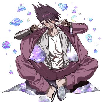 1boy absurdres blush closed_eyes commentary crescent_moon danganronpa_(series) danganronpa_v3:_killing_harmony double_v earth_(planet) facial_hair goatee hair_between_eyes hands_up happy highres jacket jacket_on_shoulders jacket_partially_removed long_sleeves male_focus momota_kaito moon open_clothes open_mouth pants planet print_shirt purple_facial_hair purple_hair rocket saturn_(planet) shirt short_hair sitting slippers smile space_print spacecraft spiked_hair star_(symbol) starry_sky_print tanhwan ufo v white_background