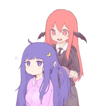 13o 2girls :d @_@ ahoge black_jacket black_necktie black_skirt blunt_bangs breasts brushing_another's_hair brushing_hair cowboy_shot crescent crescent_hair_ornament dress eyebrows_hidden_by_hair hair_ornament head_wings jacket koakuma lace-trimmed_collar lace_trim light_blush long_hair long_sleeves looking_at_another medium_breasts multiple_girls necktie no_headwear open_mouth pajamas patchouli_knowledge pink_dress purple_eyes purple_hair red_eyes red_hair round_teeth sidelocks simple_background skirt smile teeth tongue touhou upper_body upper_teeth_only white_background wing_collar wings