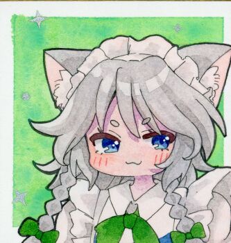 1girl :3 animal_ear_fluff animal_ears blue_eyes blush border bow bowtie braid cat_ears commentary_request green_background green_bow grey_hair hair_bow izayoi_sakuya maid maid_headdress outside_border painting_(medium) portrait pppppks side_braids solo sparkle touhou traditional_media watercolor_(medium) white_border