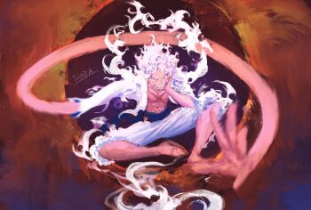 1boy alternate_form blue_sash cloud_hair curly_eyebrows devil_fruit_power eclipse elasticity facial_scar floating full_body gear_fifth grin hagoromo hand_on_own_chin hand_up hat head_rest highres long_sleeves male_focus monkey_d._luffy official_alternate_hair_color one_piece open_clothes open_shirt sash scar scar_on_cheek scar_on_chest scar_on_face shawl shirt short_hair shorts smile smoke solar_eclipse solo straw_hat extendable_limbs suracii v-shaped_eyebrows white_hair white_shirt white_shorts