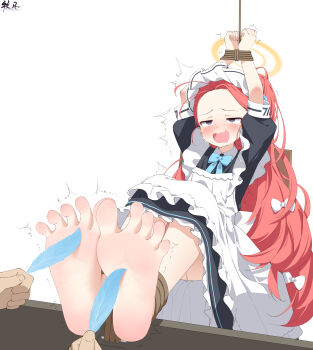 1girl 1other :d absurdres antenna_hair apron arms_up artist_name barefoot bilingual_commentary black_dress blue_archive blue_bow blue_bowtie blue_feathers blue_ribbon blush borrowed_clothes bound bound_legs bound_wrists bow bowtie chair chinese_commentary collared_dress commentary_request crying curled_fingers dress empty_eyes feathers feet fingernails foot_focus forehead frilled_apron frilled_dress frills furrowed_brow hair_bow hair_ribbon half-closed_eyes halo headdress highres holding holding_feather knees_up laughing legs_together long_hair looking_ahead maid maid_headdress millennium_science_school_logo mixed-language_commentary mo_moon multiple_hair_bows official_alternate_costume official_alternate_hairstyle on_chair open_mouth orange_halo partial_commentary pixiv_id ponytail power_symbol puffy_short_sleeves puffy_sleeves purple_eyes red_hair restrained ribbon short_sleeves simple_background sitting smile soles solo_focus spread_toes streaming_tears tears tickle_torture tickling tickling_feet toes trembling very_long_hair wavy_mouth white_apron white_background white_bow white_headdress yuzu_(blue_archive) yuzu_(maid)_(blue_archive)
