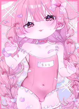 1boy :3 absurdres animal_ears artist_name bandaid bandaid_on_arm bandaid_on_chest bandaid_on_thigh bare_arms bare_shoulders blush border bow bow_choker braid bulge choker collarbone commentary covered_navel cowboy_shot crossdressing crossdressing_(mtf) floppy_ears frilled_one-piece_swimsuit frilled_thigh_strap frills furrowed_brow grid_background hair_bow hair_ornament hairclip hands_up heart highres long_hair looking_at_viewer male_focus momao_2424 multiple_hair_bows name_tag one-piece_swimsuit open_mouth original outline parallel_hairclips pink_border pink_bow pink_choker pink_eyes pink_hair pink_one-piece_swimsuit pink_scrunchie pink_theme plaid_bow polka_dot polka_dot_scrunchie pulling_own_clothes school_swimsuit scrunchie shiny_skin short_eyebrows shota solo sparkle standing sticker straight-on strap_pull sweat swimsuit symbol-only_commentary thigh_strap thighs trap twin_braids twitter_username very_long_hair white_outline yume_kawaii