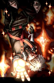 1boy absurdres bakugou_katsuki blonde_hair blood blood_on_face boku_no_hero_academia commentary english_commentary explosion gloves highres looking_at_viewer male_focus nose phi1os red_eyes short_hair signature solo spiked_hair superhero_costume upside-down
