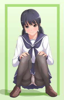 1girl akippoi_0919 black_hair black_pantyhose brown_eyes hands_on_own_knees highres loafers original panties panties_under_pantyhose pantyhose pantyshot school_uniform serafuku shoes smile squatting thighband_pantyhose twintails underwear