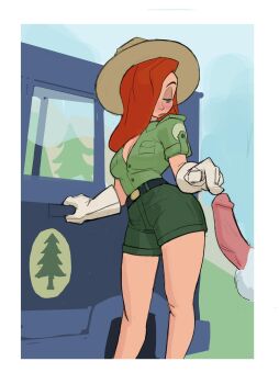 amugea blush breasts car cleavage erection gloves green_shirt hat highres jessica_rabbit long_hair medium_breasts motor_vehicle penis red_hair roger_rabbit shirt shorts thick_thighs thighs who_framed_roger_rabbit