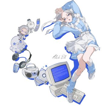 1boy absurdres aotsuki_eito apron blue_jacket blue_screen_of_death can cd cd_player cellphone character_doll character_name chinese_commentary commentary_request computer computer_keyboard crossdressing crossdressing_(mtf) doll drop_shadow flip_phone frilled_apron frills glasses grey_hair headphones highres jacket jersey_maid leg_warmers lethe_(jiaodidezheshelu) looking_at_viewer maid male_focus male_maid monster_energy multicolored_jacket octopus open_mouth phone purple_eyes rabbit shoes short_hair solo tenshi_kaiwai the_hundred_line_-last_defense_academy- track_jacket two-tone_jacket unconventional_maid white_jacket white_shoes