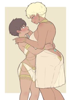 2girls arm_around_waist armlet ass blonde_hair blue_eyes blue_nails blush bracelet brown_eyes brown_hair commentary_request dark-skinned_female dark_skin dress earrings hand_on_another's_chin height_difference highres jewelry miniskirt multiple_girls neck_ribbon necklace no_panties noe_aoikaba open_mouth original petite ribbon school_uniform see-through_clothes see-through_dress side_slit skirt yuri