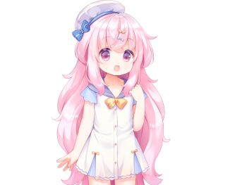 1girl :d ahoge blue_bow blue_sailor_collar blue_sleeves bow bowtie buttons cowboy_shot crossed_bangs dot_nose dress game_cg hand_up harem_futago_lolita hat hat_bow large_variant_set long_hair non-web_source open_mouth pink_eyes pink_hair sailor_collar sailor_dress short_dress short_sleeves simple_background smile solo standing striped_bow tachi-e tomari_(harem_futago_lolita) transparent_background usashiro_mani variant_set white_dress white_hat yellow_bow yellow_bowtie