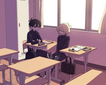 2boys ^_^ alternate_costume antenna_hair backpack bag basil_(faraway)_(omori) basil_(omori) black_eyes black_hair black_pants blonde_hair bright_pupils chair classroom closed_eyes closed_mouth desk duffel_bag eraser highres indoors kiimorisame long_sleeves looking_at_another male_focus mechanical_pencil multiple_boys notebook omori open_mouth pants pencil school_chair school_desk school_uniform short_hair sitting smile sunny_(omori) unworn_backpack unworn_bag white_pupils