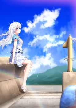 1girl absurdres arm_at_side blue_eyes blue_shirt blue_sky blush center_frills closed_mouth cloud commentary_request cumulonimbus_cloud day eyelashes floating_hair frilled_shirt frilled_skirt frills from_side full_body hair_between_eyes highres kyamiuu lens_flare long_hair looking_up miniskirt naruse_shiroha outdoors profile sandals shirt short_sleeves sidelocks sitting skirt sky smile solo summer_pockets tareme toes very_long_hair white_hair white_sandals white_shirt white_skirt wind