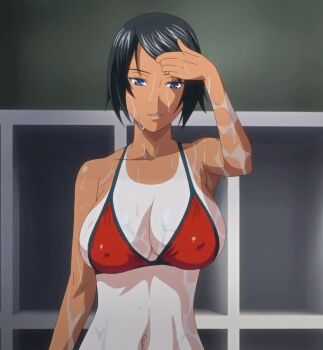 Rule 34 | 1girl, anime screenshot, bikini, black hair, blue eyes, blush, bokura no sex, breasts, character request, dark skin, forehead, hair lift, half-closed eyes, hand in own hair, highres, large breasts, lifeguard, natsu kaori (bokura no sex), navel, one-piece tan, parted lips, red bikini, seductive gaze, shiny skin, short hair, standing, stitched, swimsuit, tan, tanline, third-party edit, upper body, wet